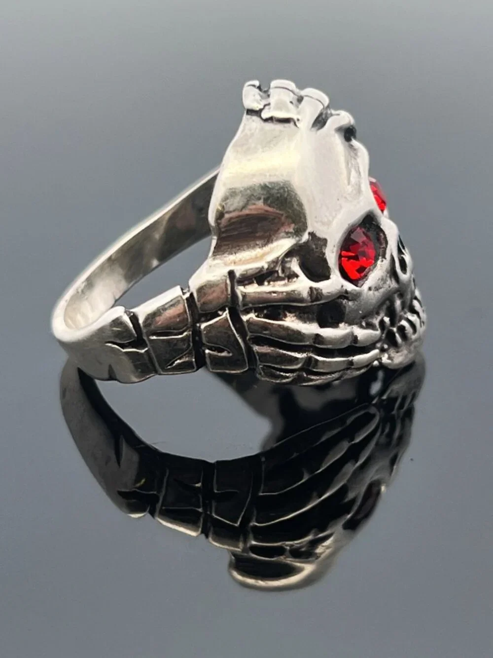 925 Silver Men's Gothic Skull Ring w/ Red Crystal Eyes & Skeleton Hands - Sz. 12
